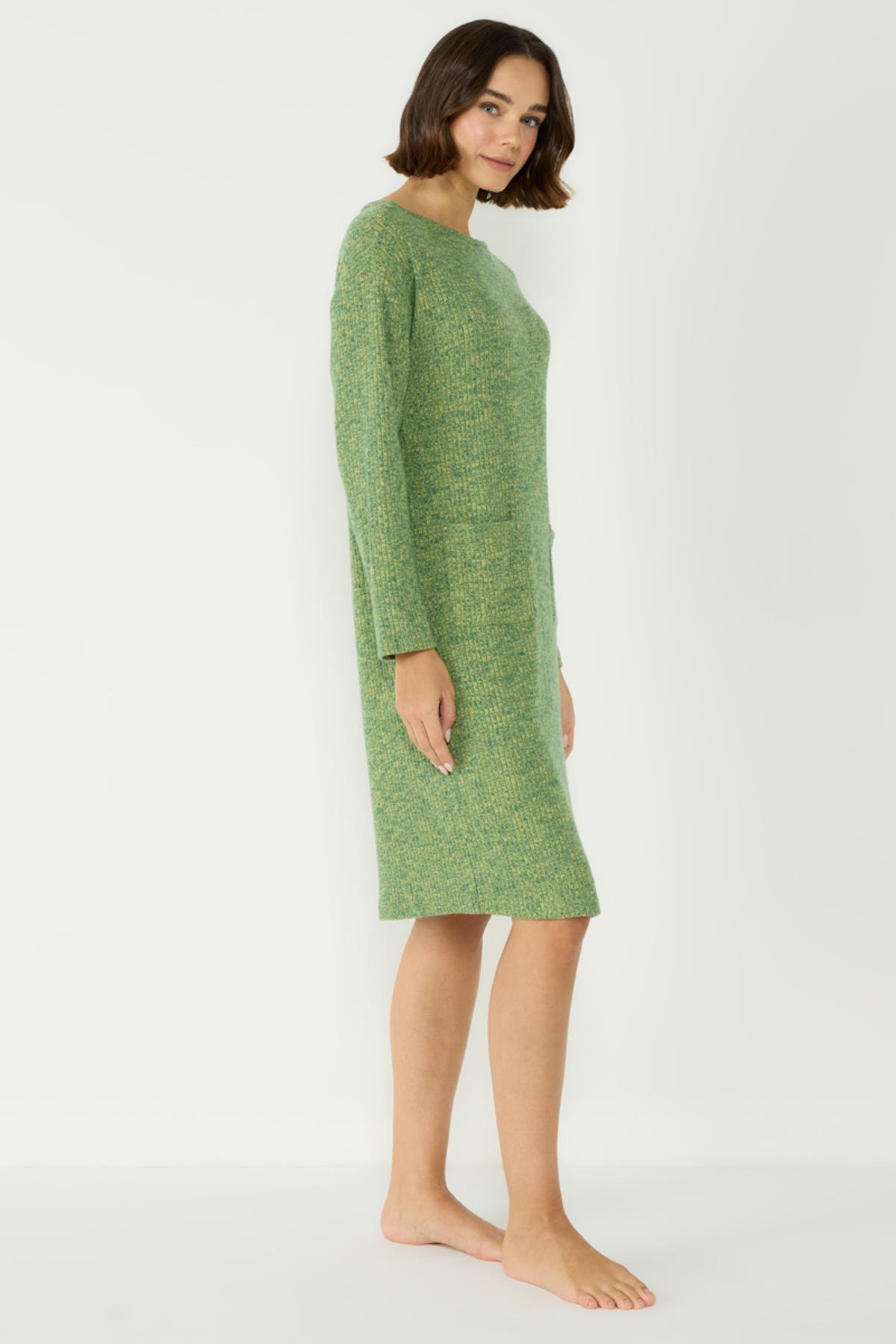 Kaşkorse Kayık Yaka Düşük Omuz Uzun Kol Cepli Elbise 405047 Haki