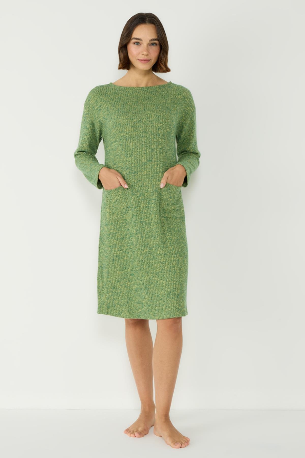 Kaşkorse Kayık Yaka Düşük Omuz Uzun Kol Cepli Elbise 405047 Haki