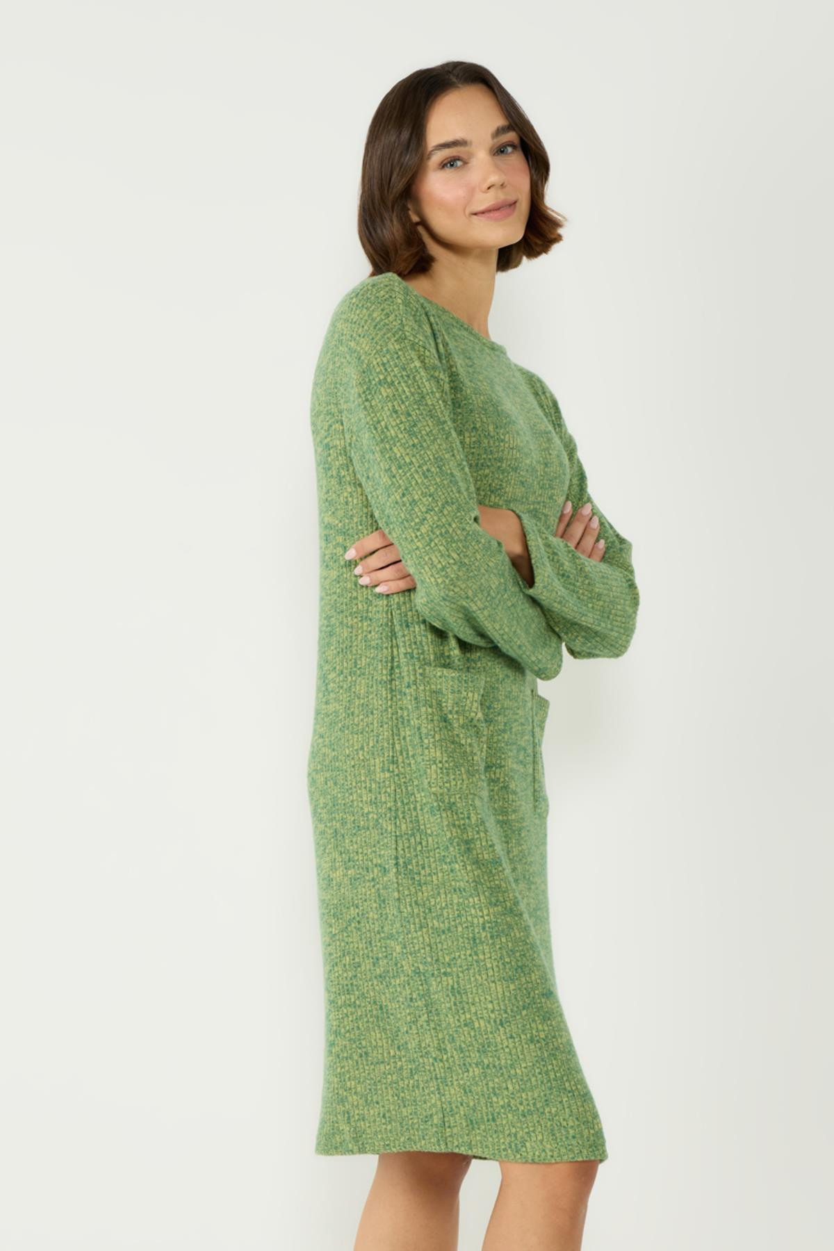 Kaşkorse Kayık Yaka Düşük Omuz Uzun Kol Cepli Elbise 405047 Haki