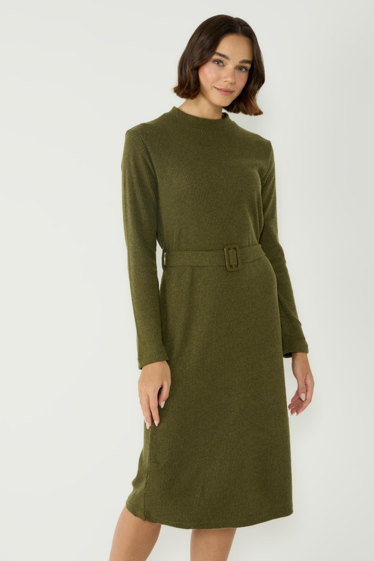 Kaşkorse Yarım Balıkçı Yaka Uzun Kol Strec Elbise 405054 Haki