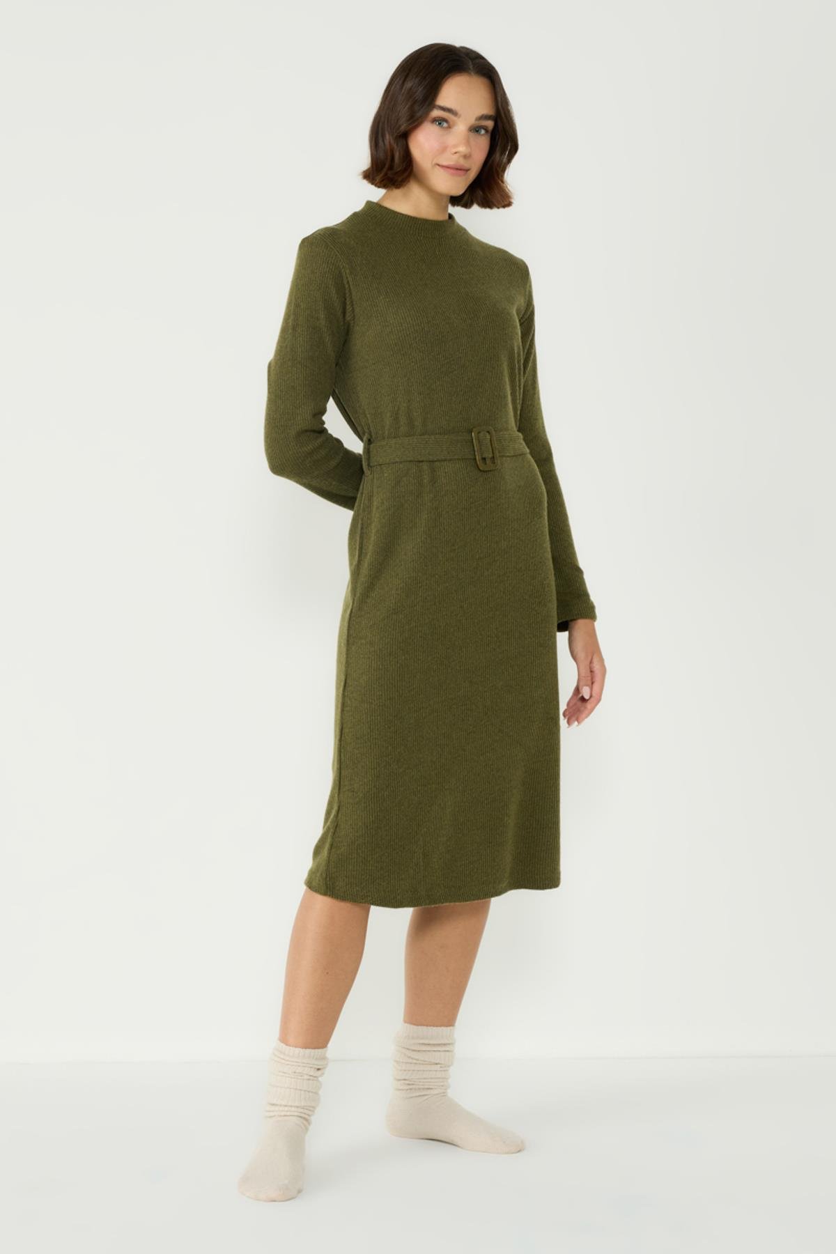 Kaşkorse Yarım Balıkçı Yaka Uzun Kol Strec Elbise 405054 Haki