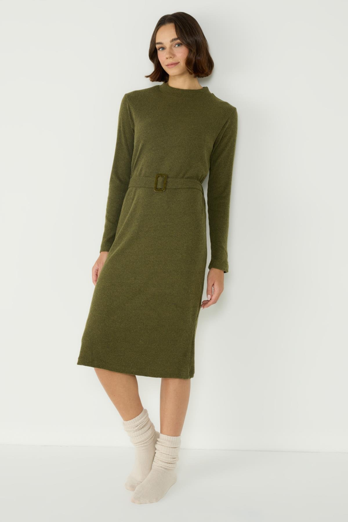 Kaşkorse Yarım Balıkçı Yaka Uzun Kol Strec Elbise 405054 Haki