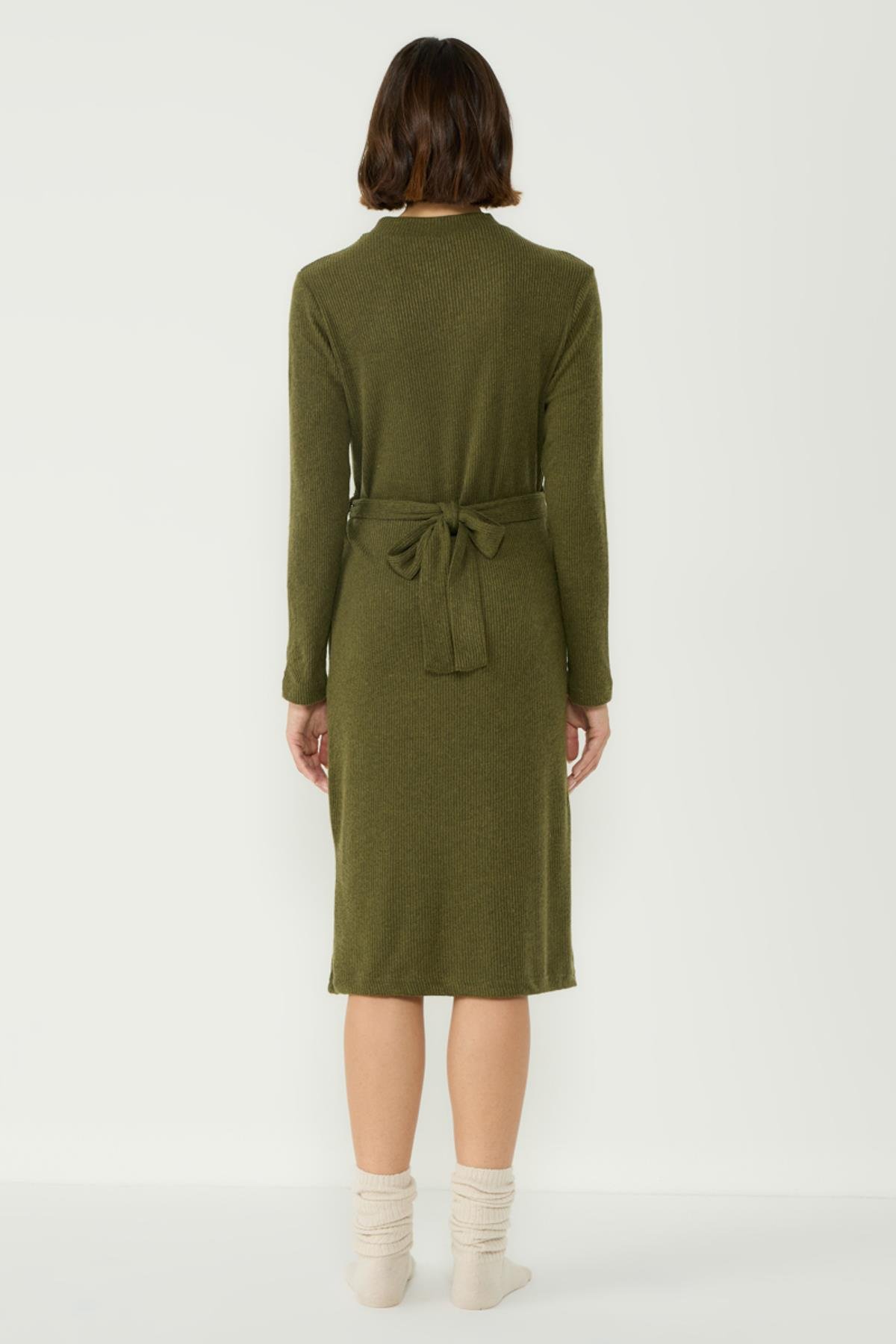 Kaşkorse Yarım Balıkçı Yaka Uzun Kol Strec Elbise 405054 Haki