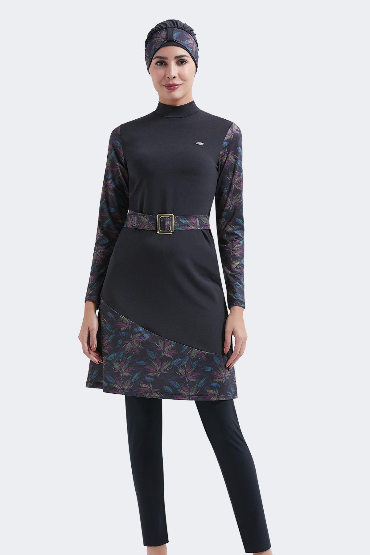 Kemer Detaylı Tam Kapalı 4'lü Tesettür Mayo C12011 Siyah