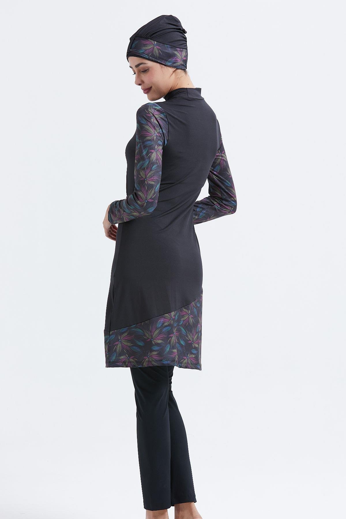 Kemer Detaylı Tam Kapalı 4'lü Tesettür Mayo C12011 Siyah