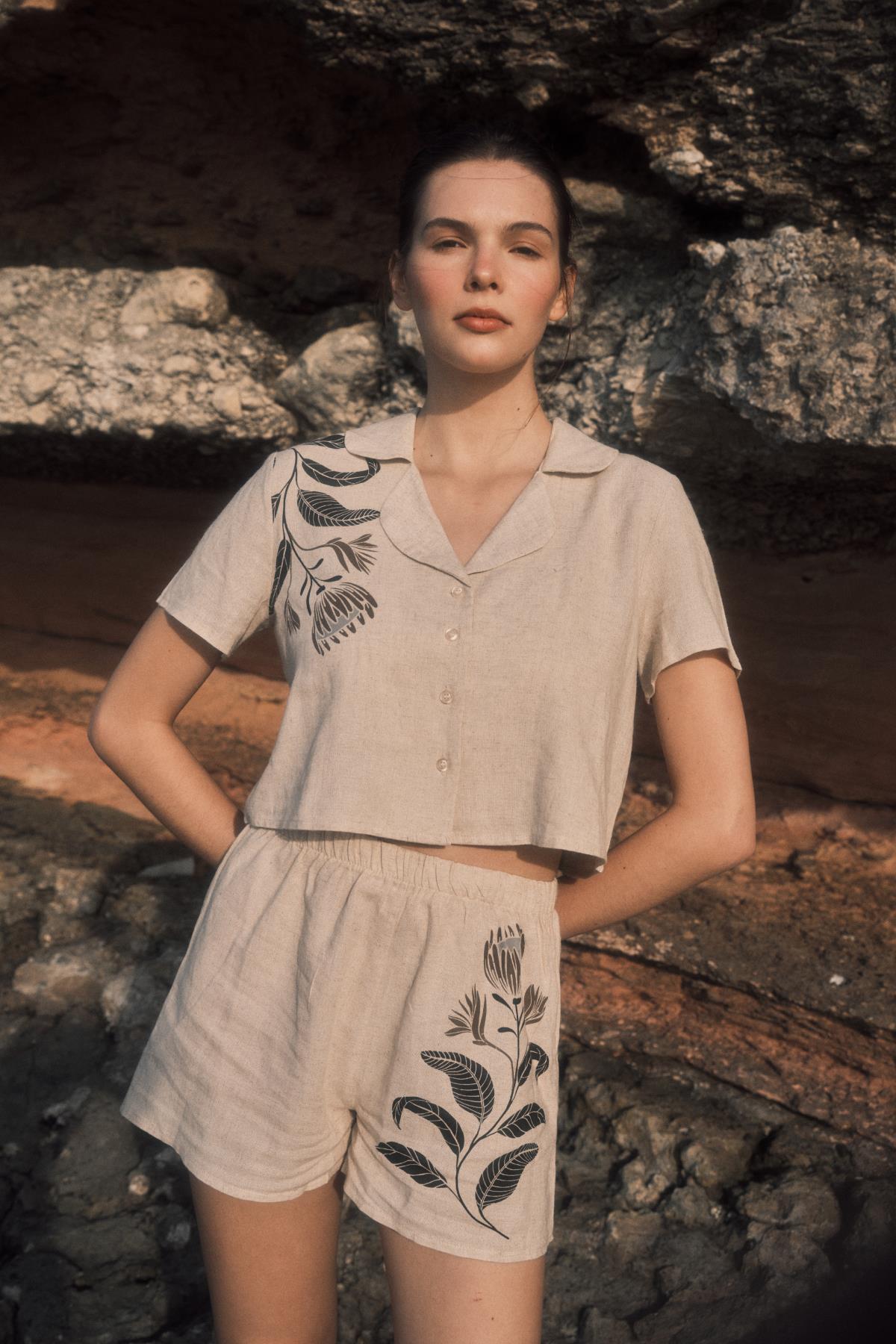 Linen Printed Short Sleeve Shirt and Shorts Set 9144