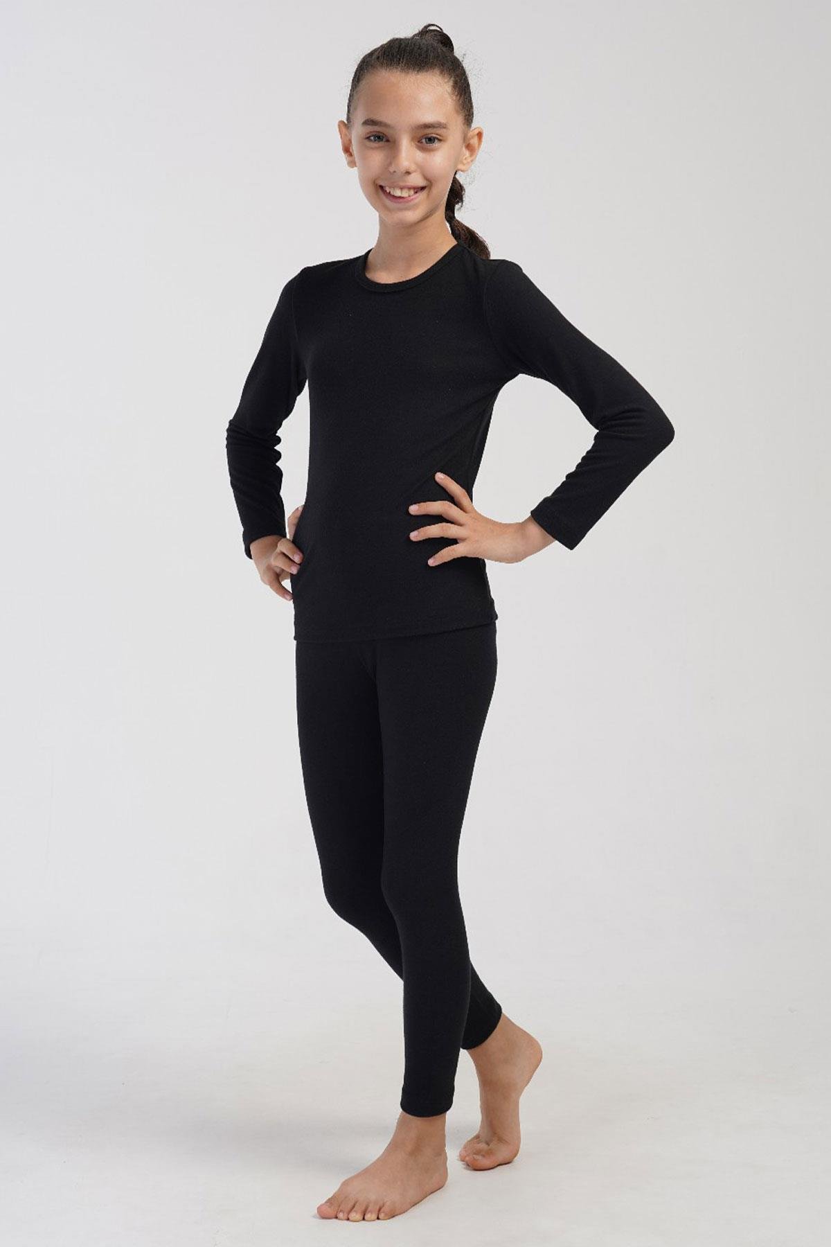 Kız Çocuk Uzun Kol Bisiklet Yaka Termal Takım 405161 Siyah