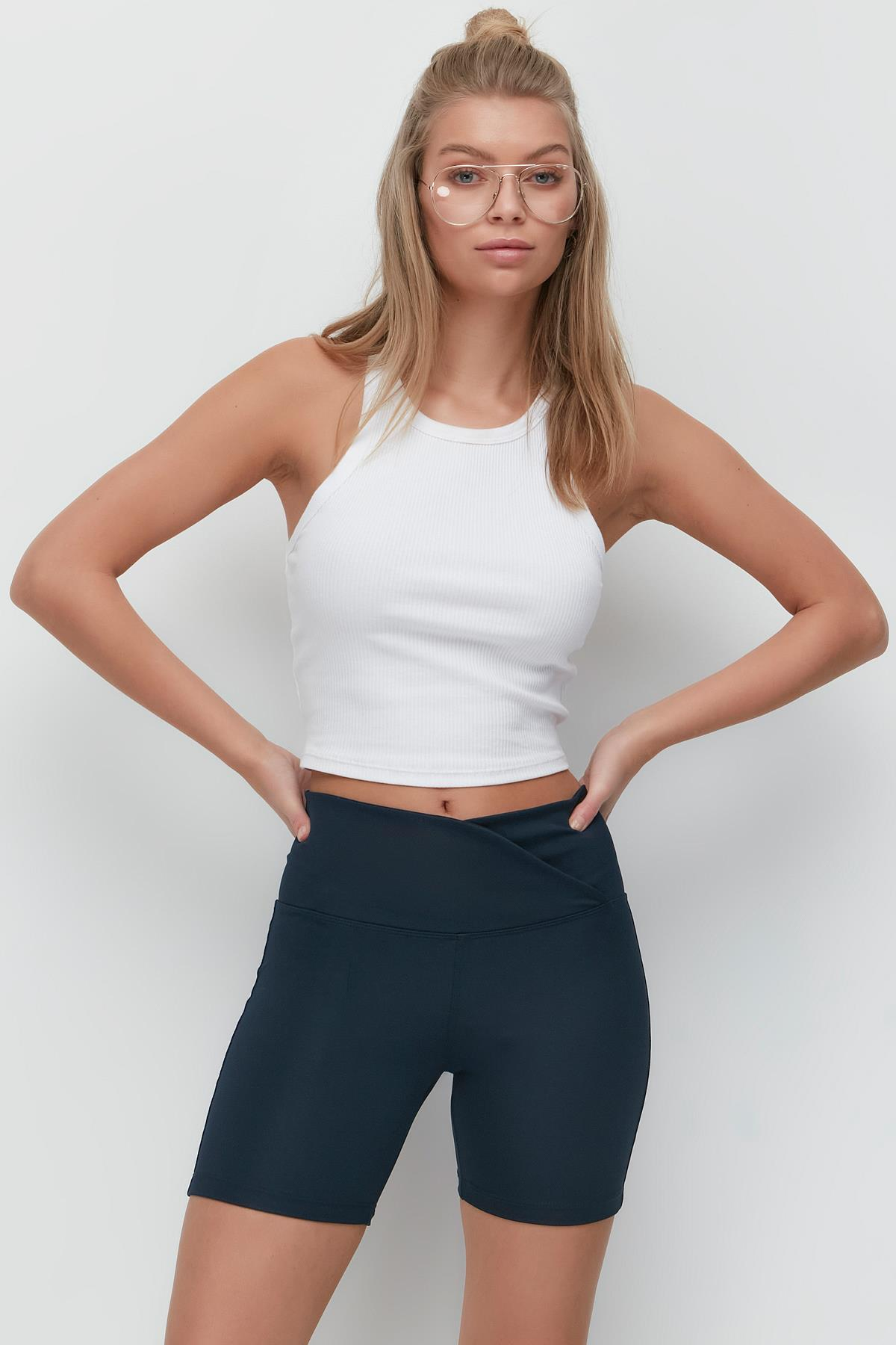 C&City Kruvaze Yüksek Bel Spor Şort Tayt 9413 Lacivert