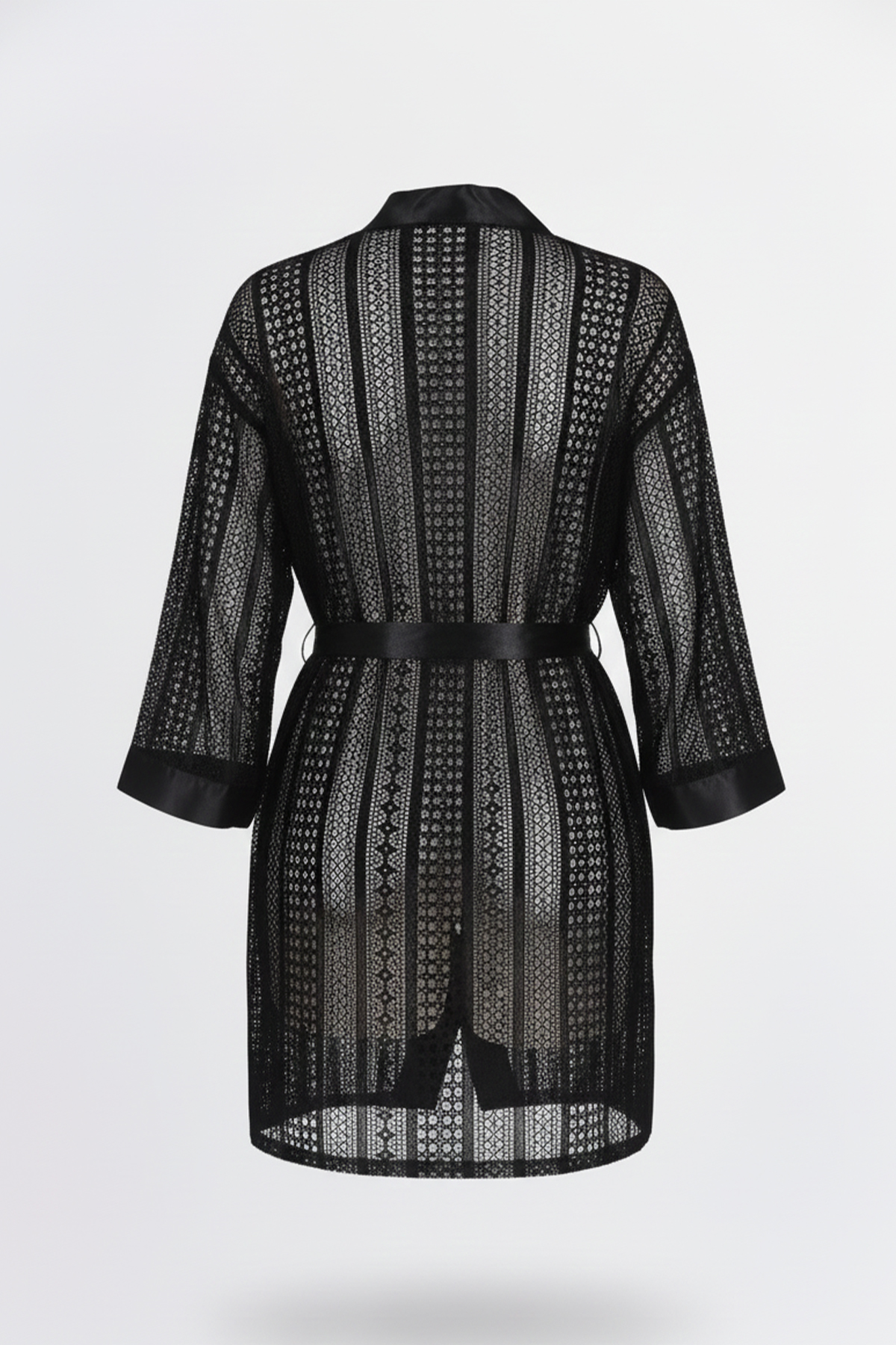 Kuşaklı Dantel Sabahlık Siyah