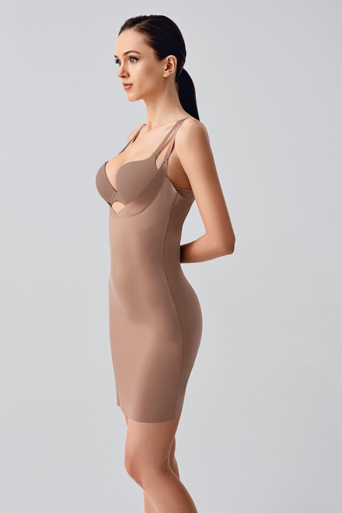 Lazer Kesim Göğsü Açık Elbise Korse C19220 Cappucino