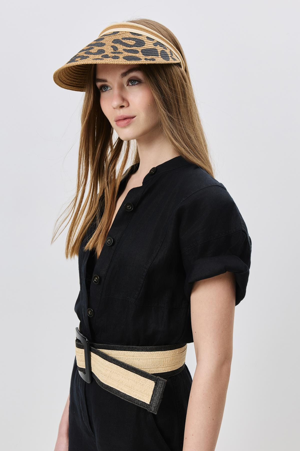 Leopar Desenli Hasır Vizör Şapka Y8209 Camel