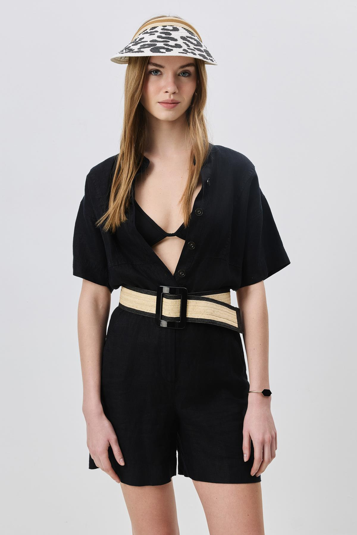 Leopar Desenli Hasır Vizör Şapka Y8209 Beyaz