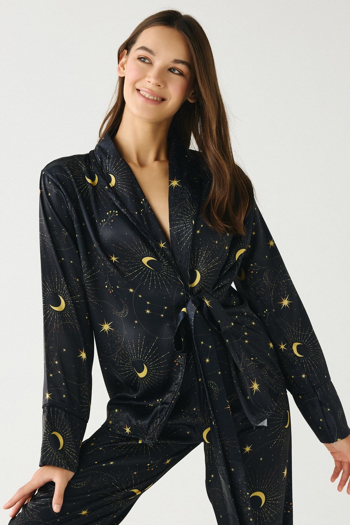 Luna Touch Kimono Pantolon 2'li Saten Takım Lacivert