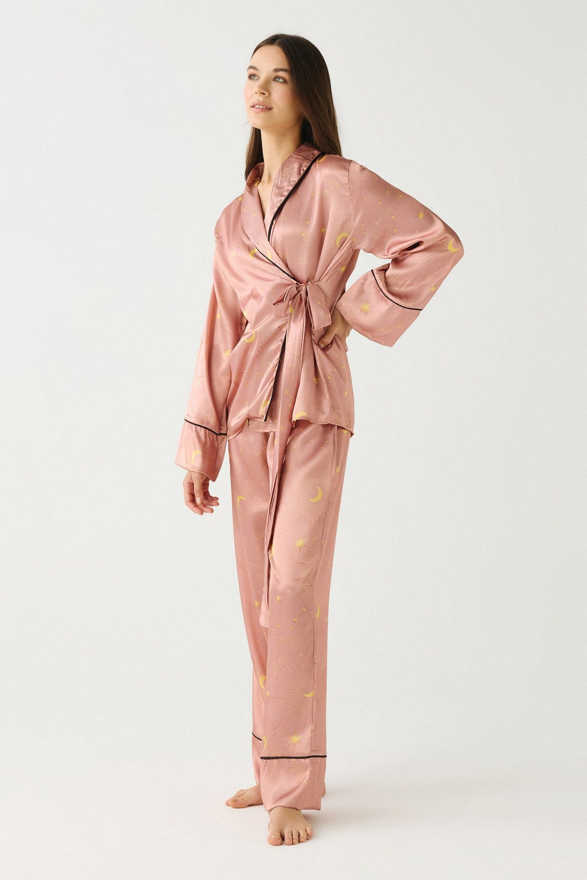 Luna Touch Kimono Pantolon 2'li Saten Takım Vizon