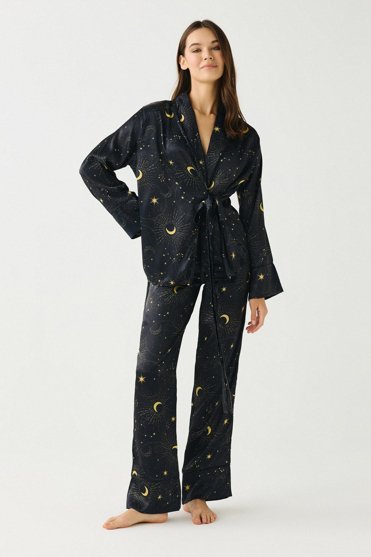 Luna Touch Kimono Pantolon 2'li Saten Takım Lacivert