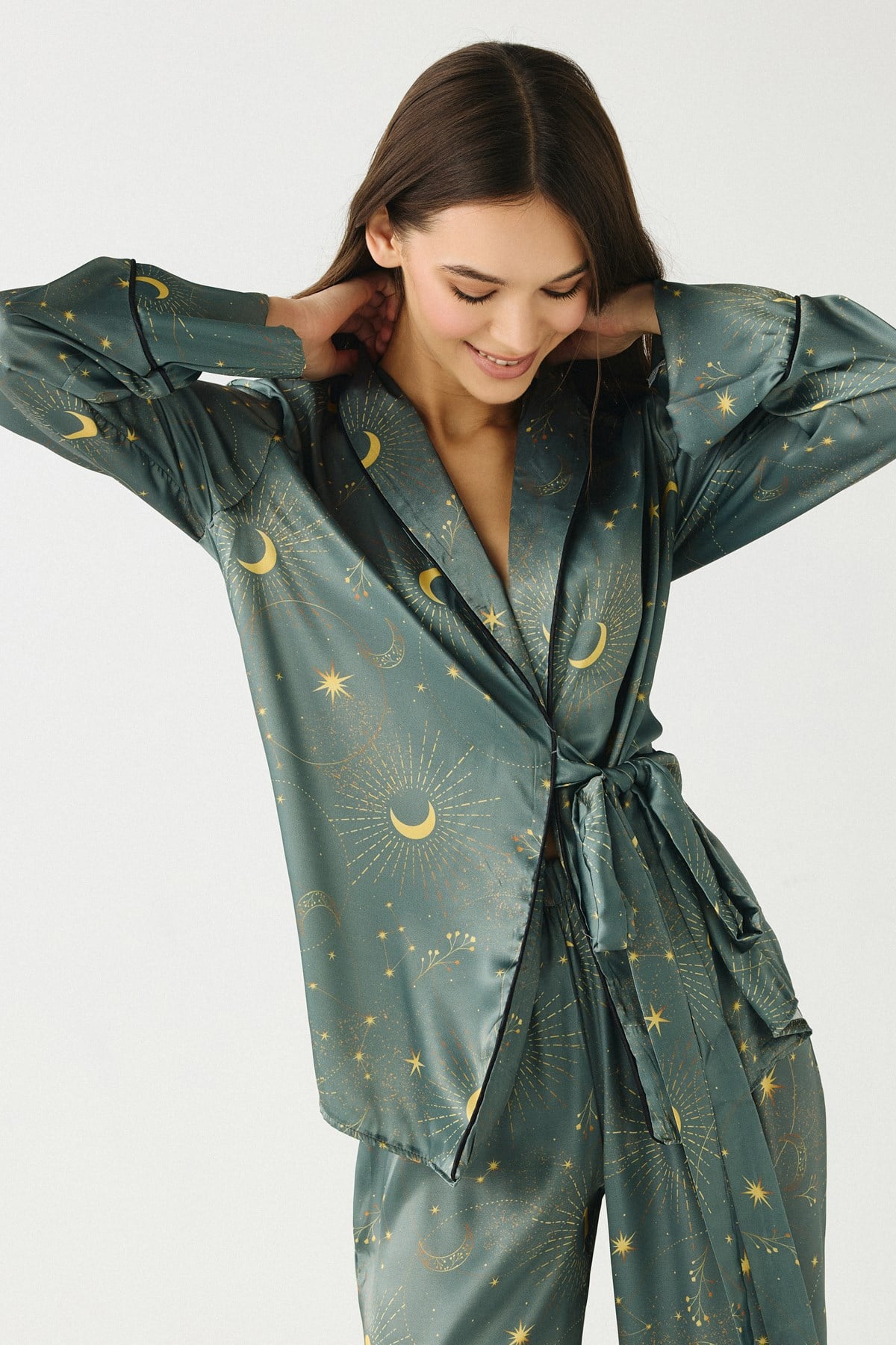 Luna Touch Kimono Pantolon 2'li Saten Takım Haki