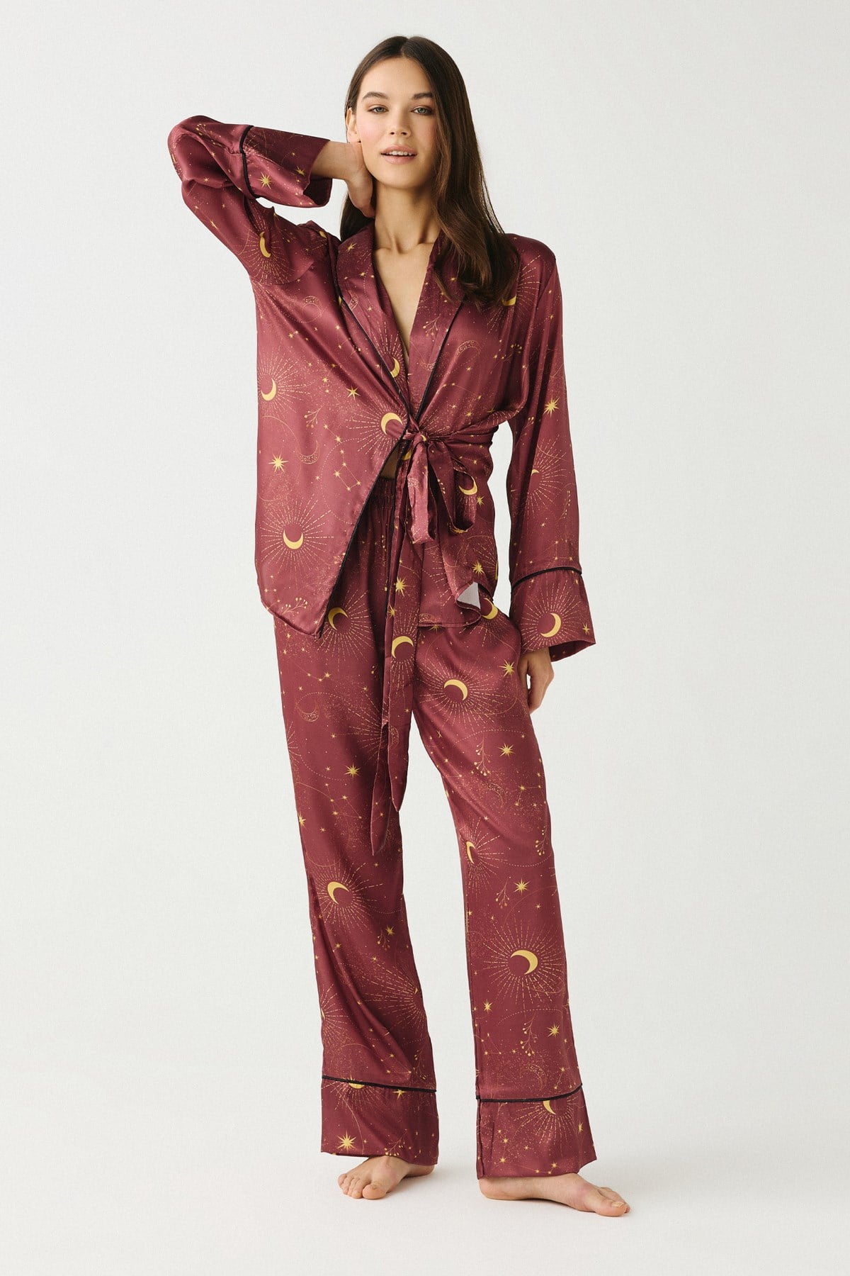 Luna Touch Kimono Pantolon 2'li Saten Takım Kiremit