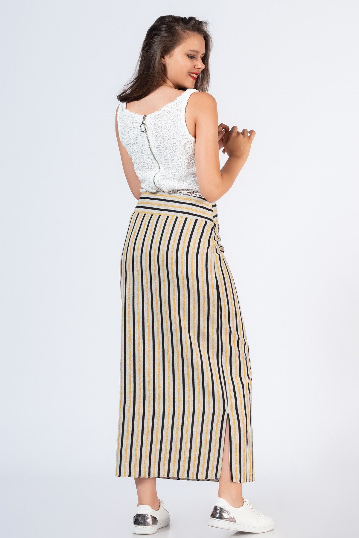 Miss Belles 5234 Kadın Önü Düğme Çizgili Etek Sarı