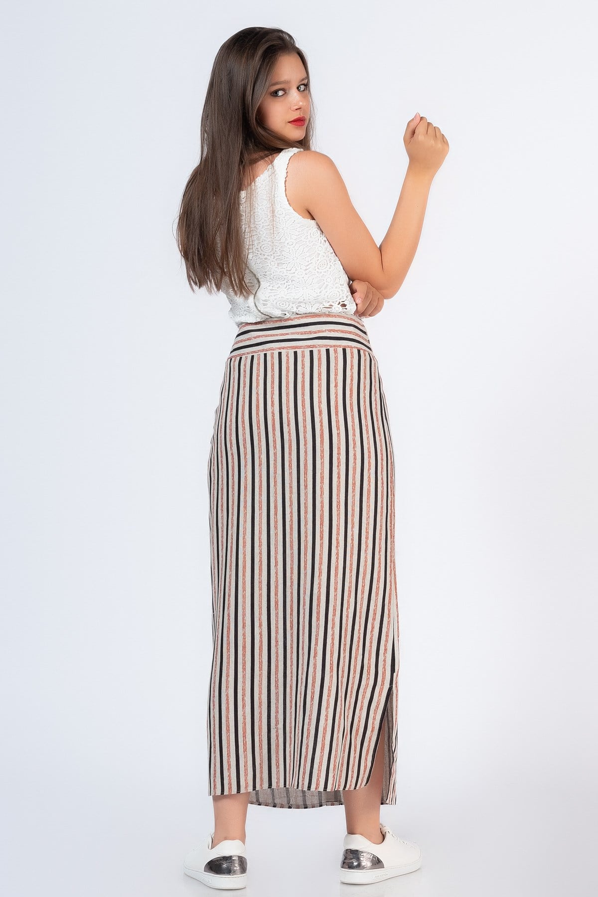 Miss Belles 5234 Kadın Önü Düğme Çizgili Etek Bordo