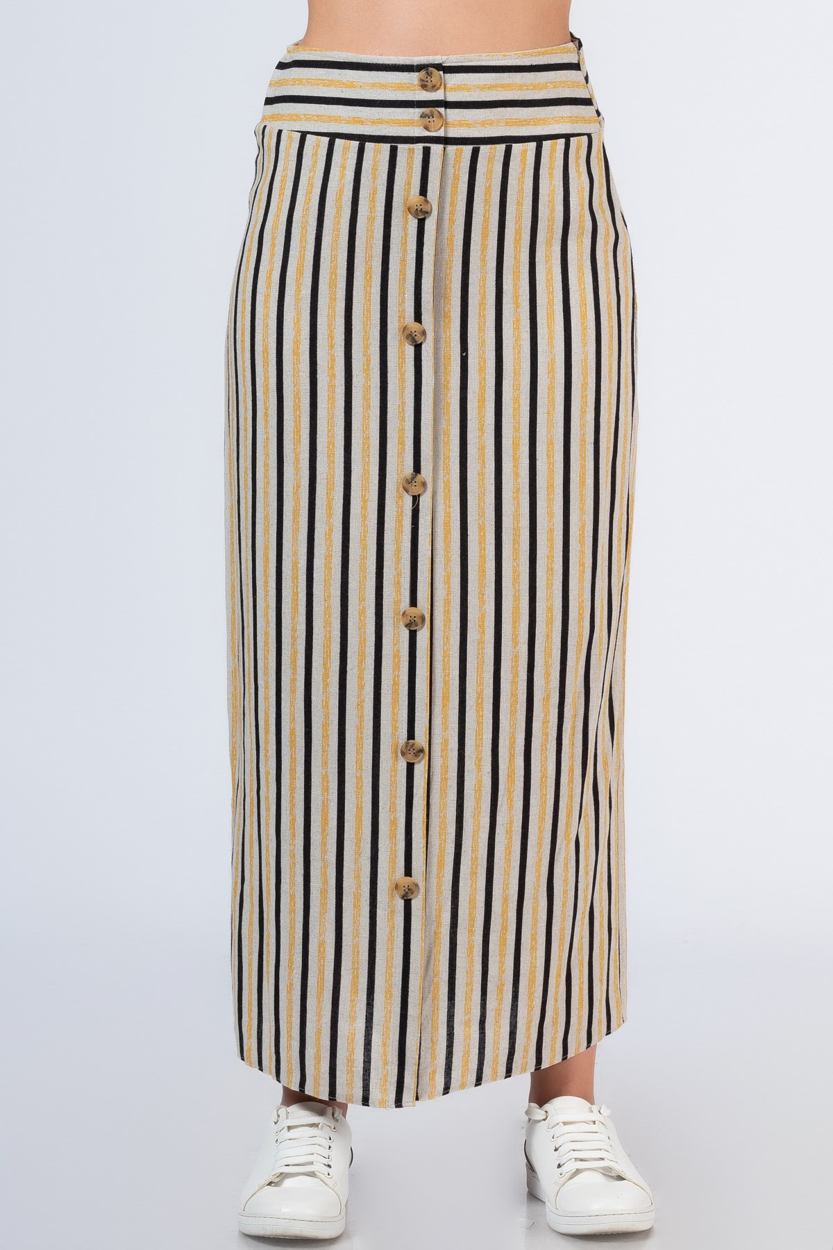 Miss Belles 5234 Kadın Önü Düğme Çizgili Etek Sarı