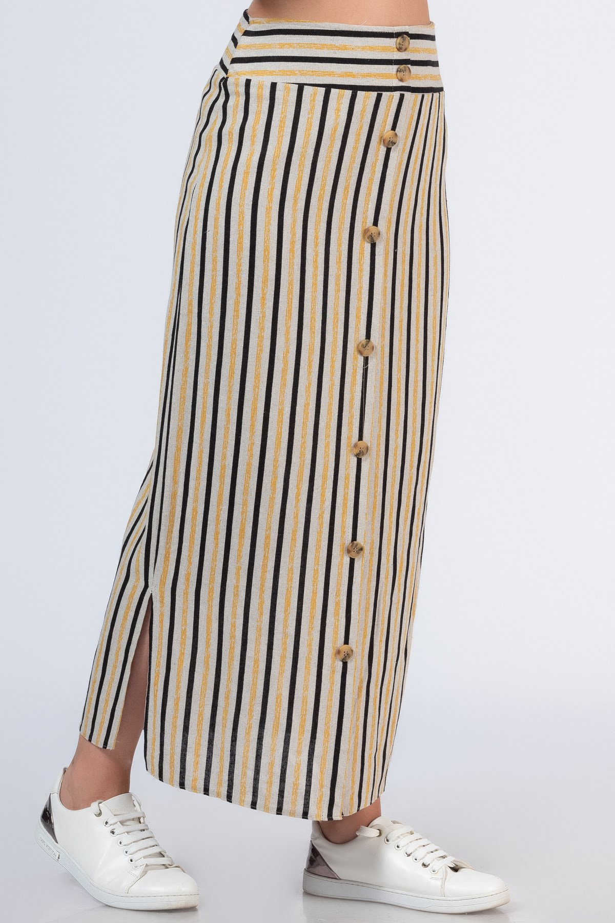 Miss Belles 5234 Kadın Önü Düğme Çizgili Etek Sarı