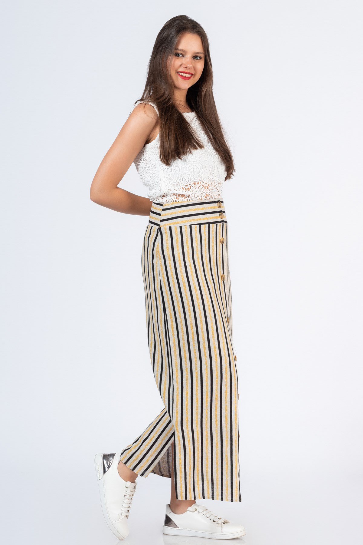 Miss Belles 5234 Kadın Önü Düğme Çizgili Etek Sarı