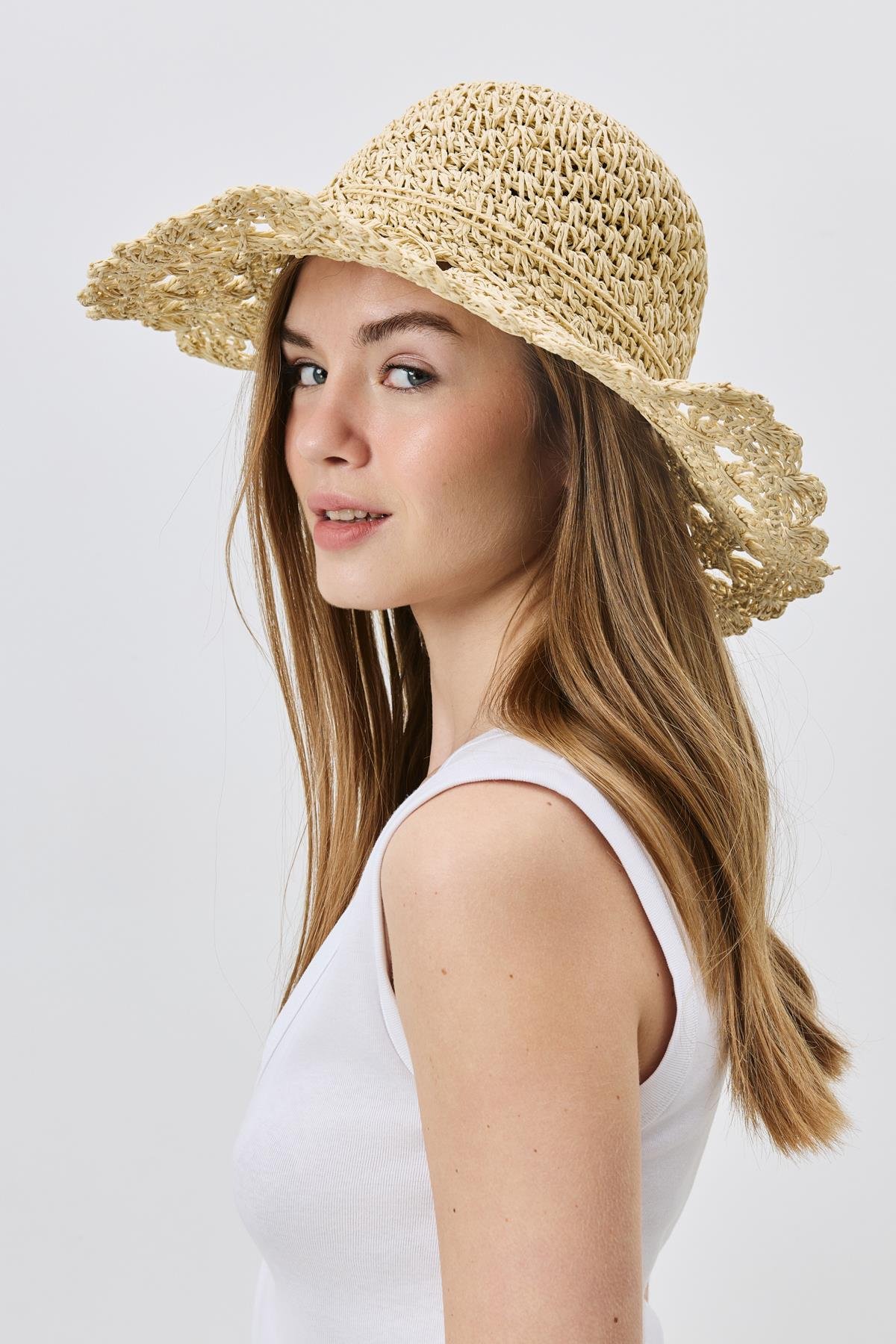 Örgü Hasır Plaj Şapkası Y25730-22 Bej