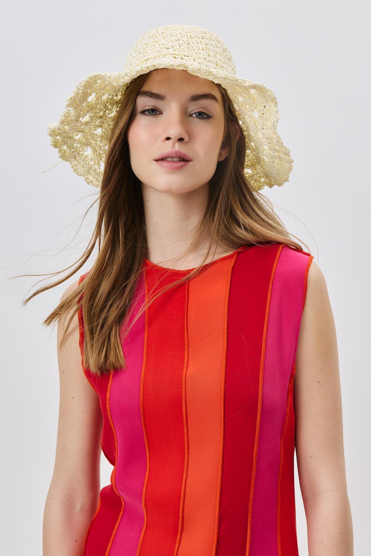 Örgü Hasır Plaj Şapkası Y25730-22 Krem