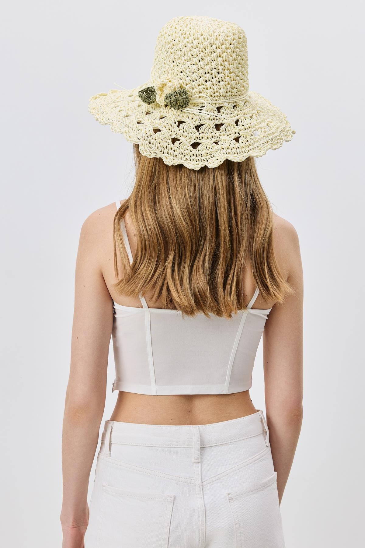 Örgü Hasır Plaj Şapkası Y25730-24 Krem