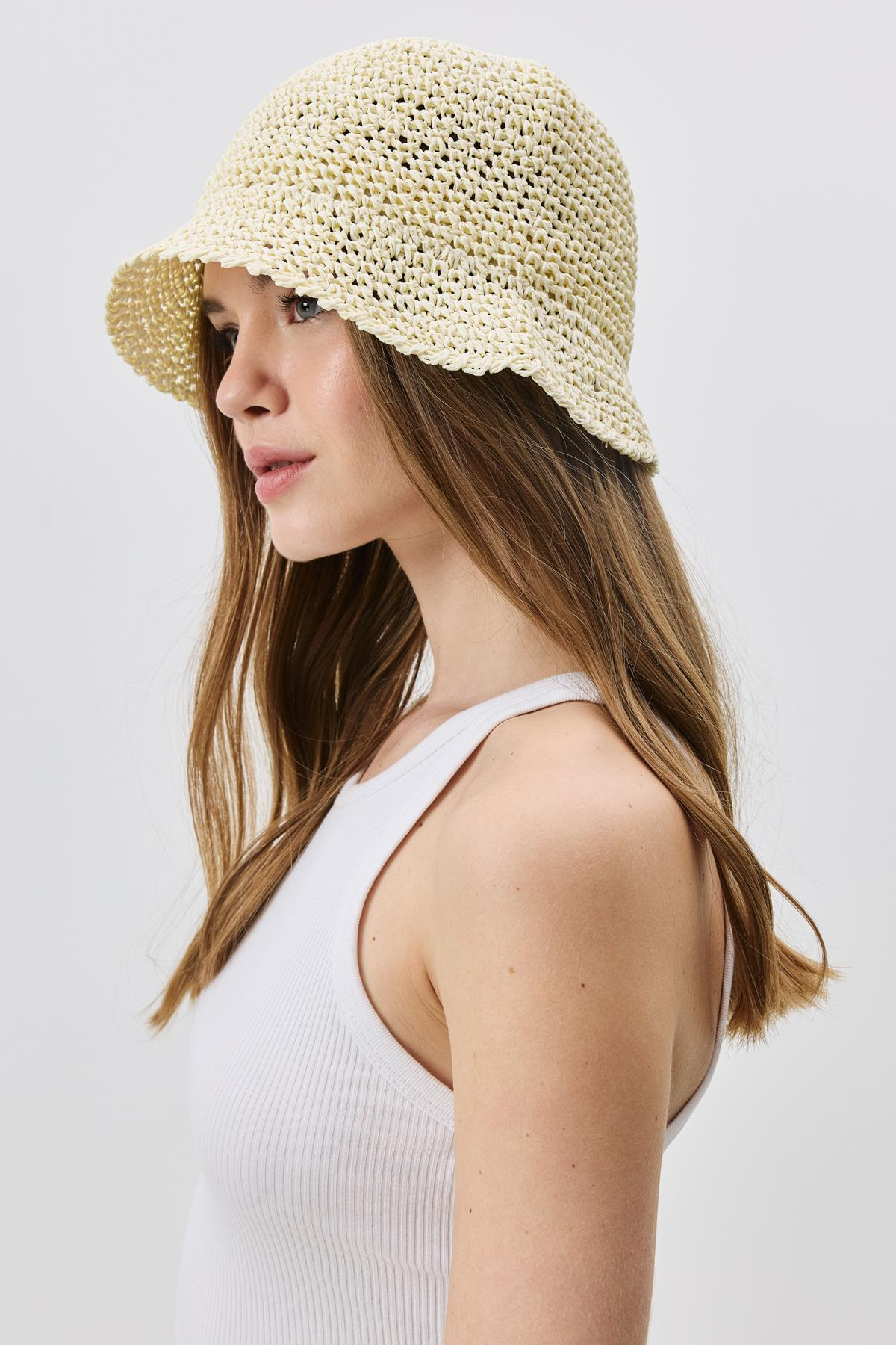 Örgü Hasır Plaj Şapkası Y25730-26 Krem