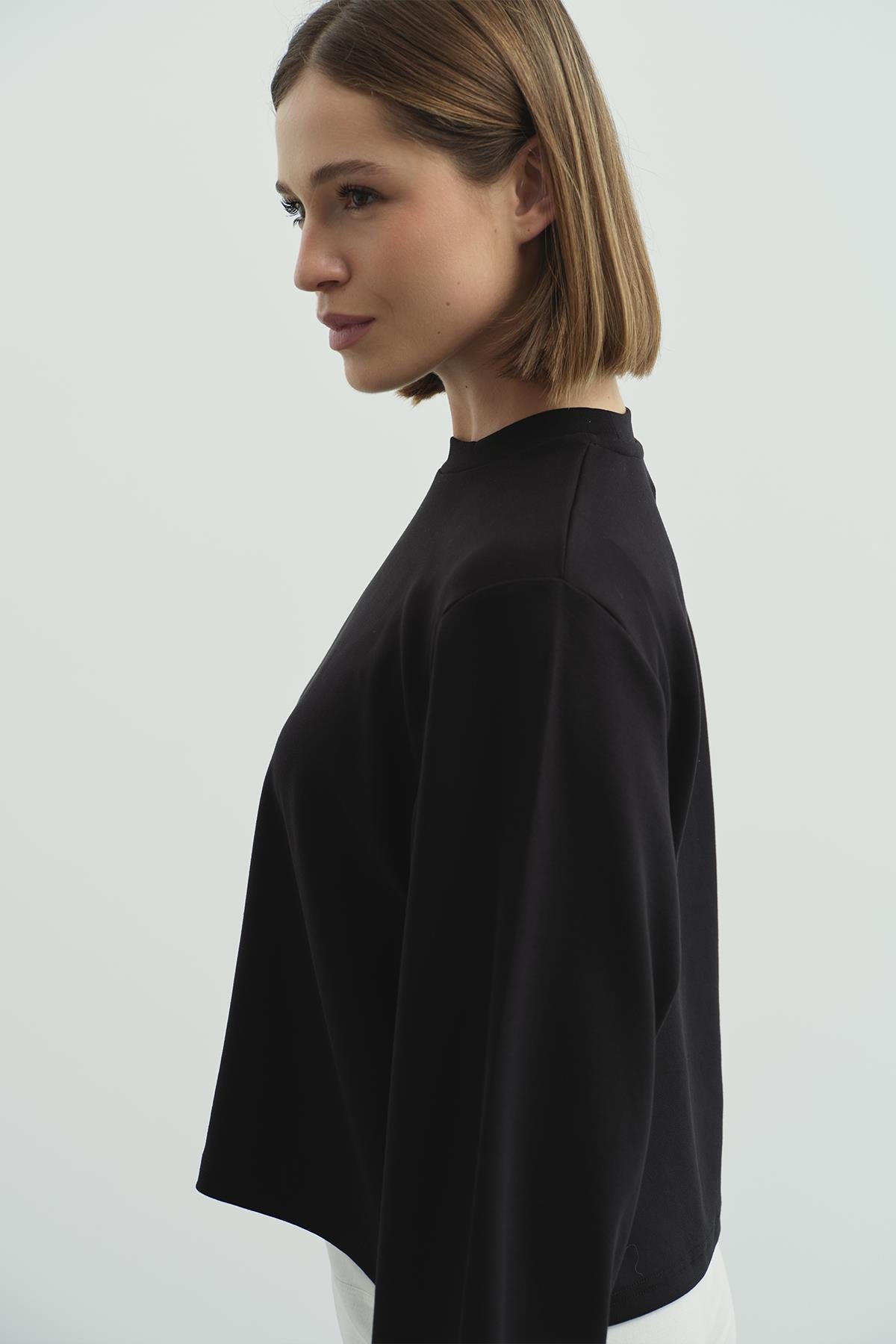 Oversize Basic Kısa Sweatshirt 981 Siyah