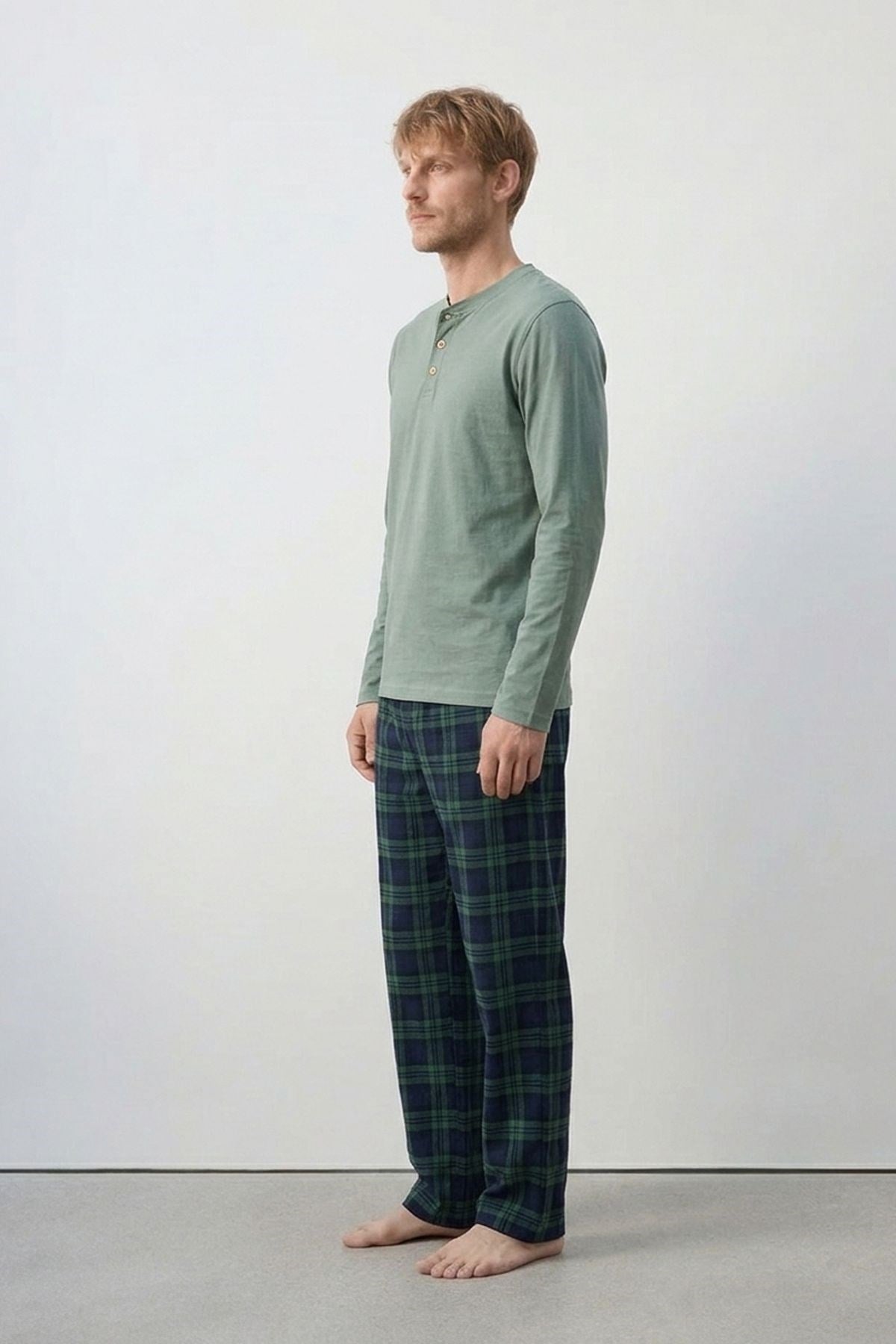 Pamuklu Yarım Düğmeli Ekose Erkek Pijama Takım Yeşil