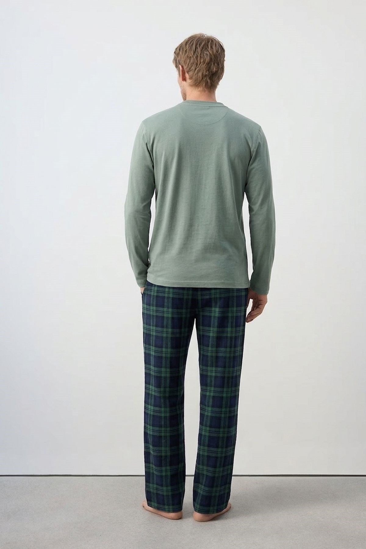 Pamuklu Yarım Düğmeli Ekose Erkek Pijama Takım Yeşil