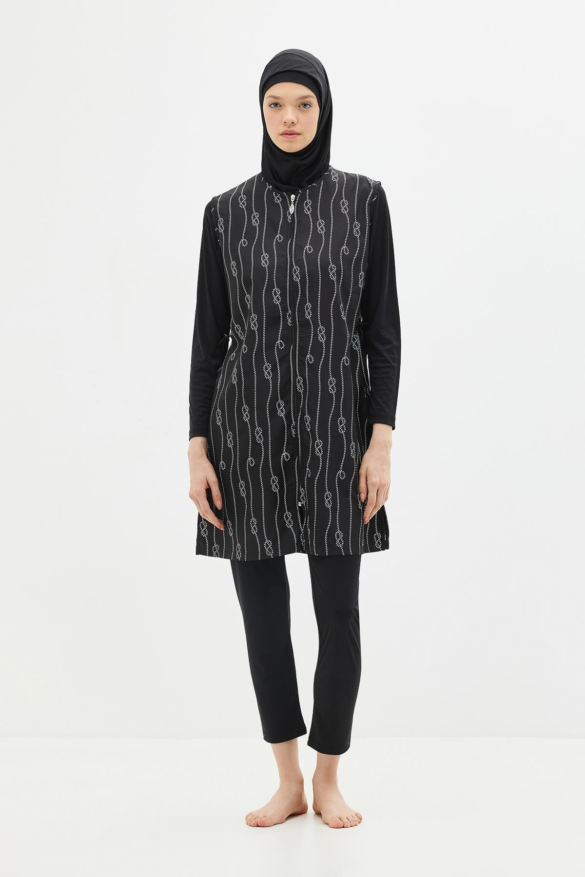 Paraşüt Kumaş Fermuarlı 4'lü Tesettür Mayo 1316 Siyah