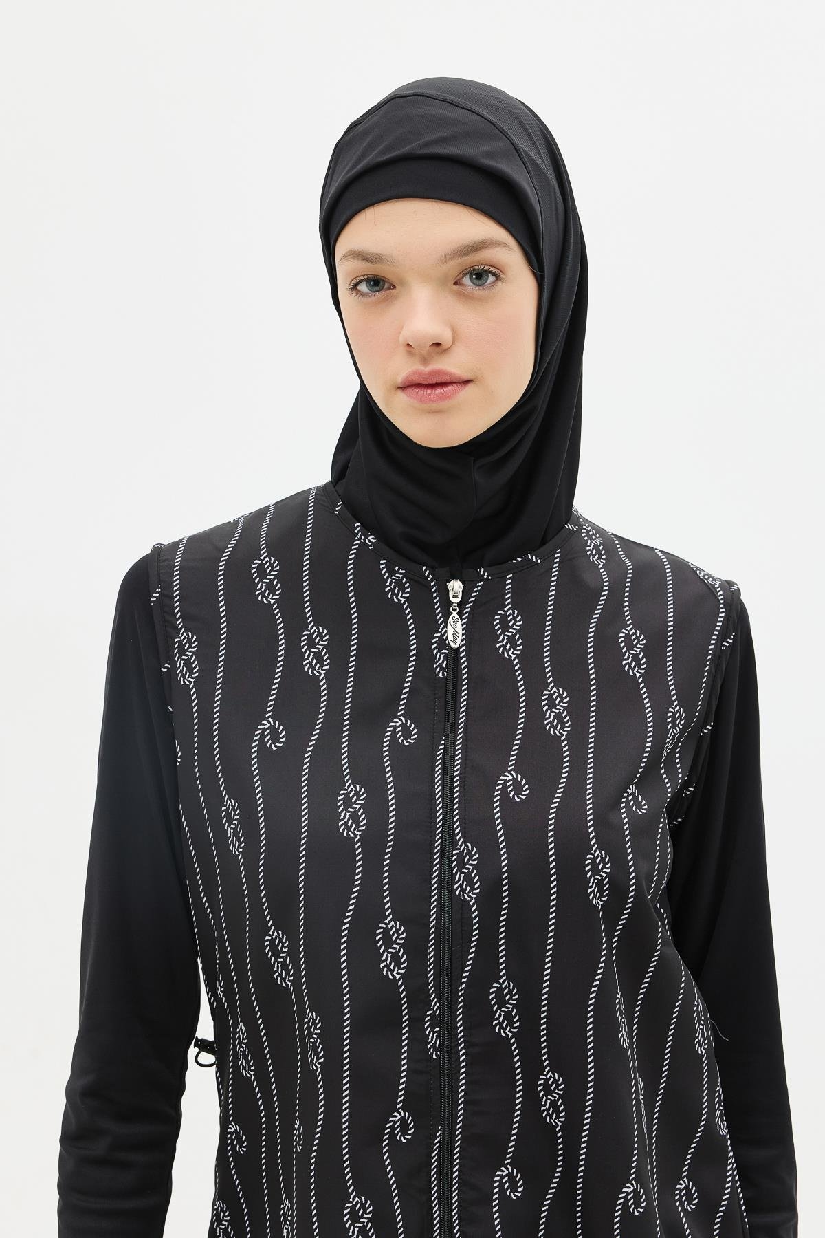 Paraşüt Kumaş Fermuarlı 4'lü Tesettür Mayo 1316 Siyah