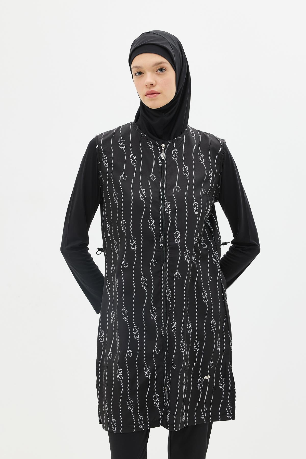 Paraşüt Kumaş Fermuarlı 4'lü Tesettür Mayo 1316 Siyah