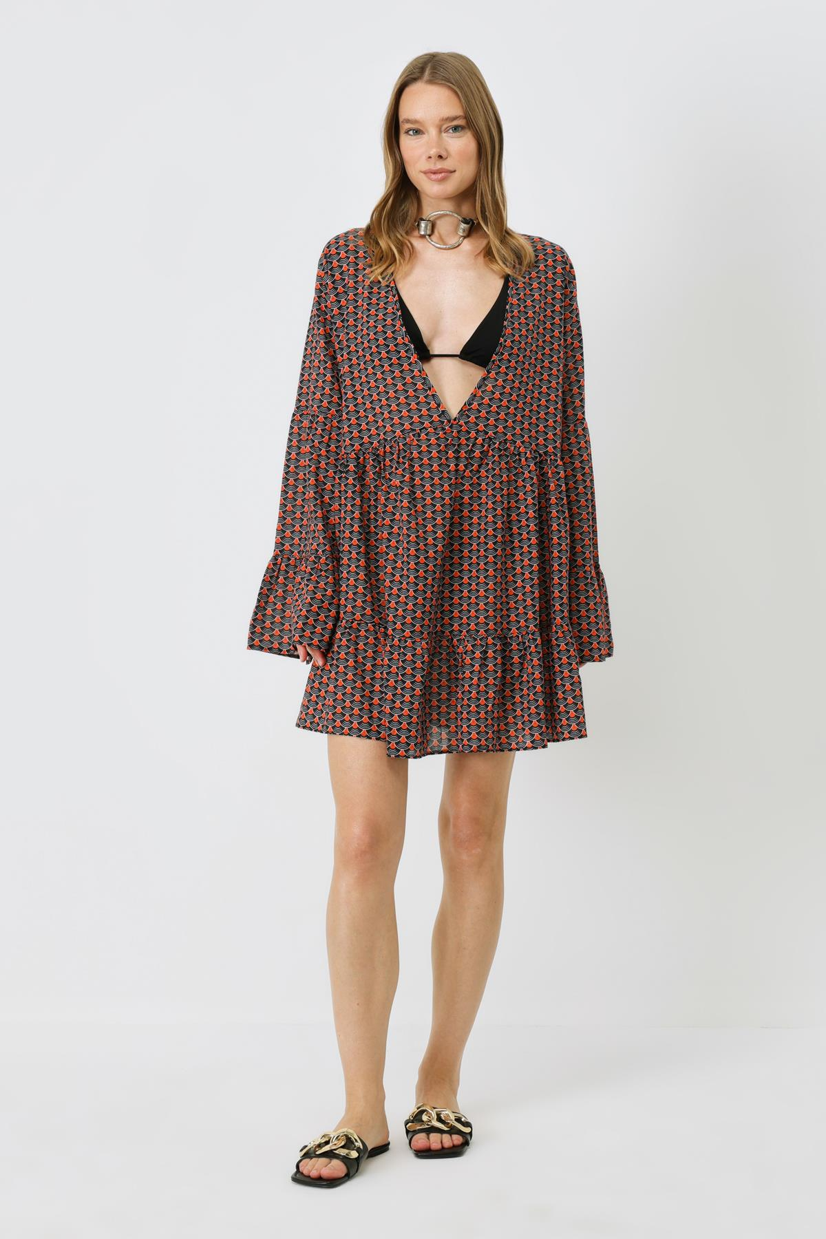 Pareo Plaj Elbisesi 22329 Siyah/Kremit