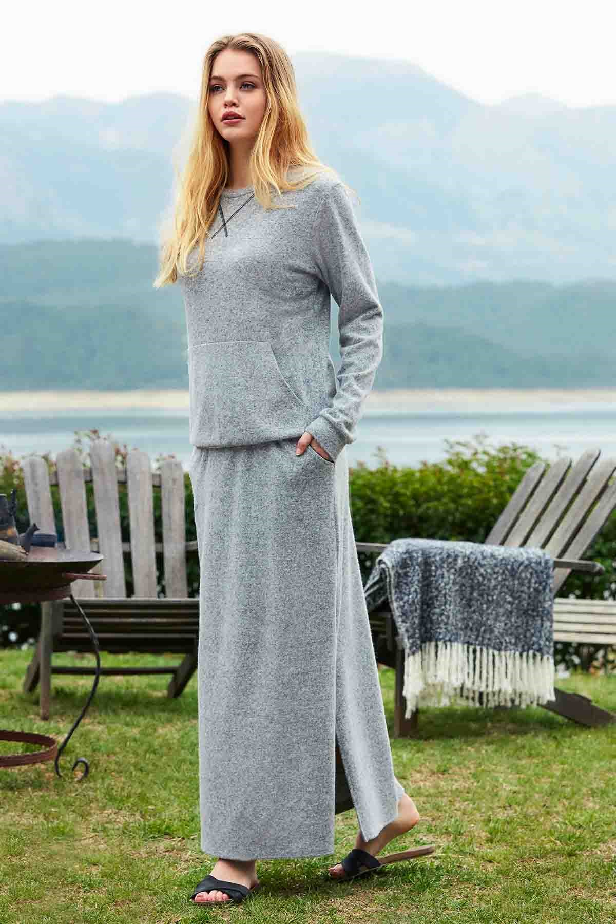 Penye Mood 8446 Kadın Etekli Takım Gri