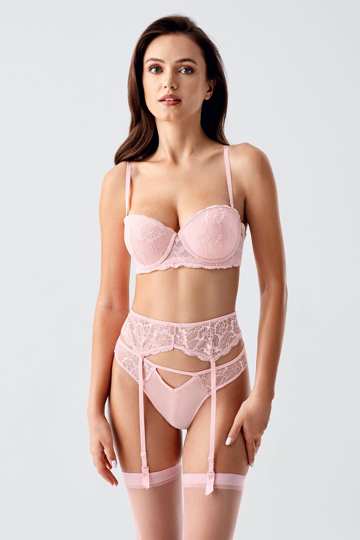 Push Up Dantelli Jartiyerli ve Çoraplı İp Askılı Sütyen Takımı C14169 Pudra