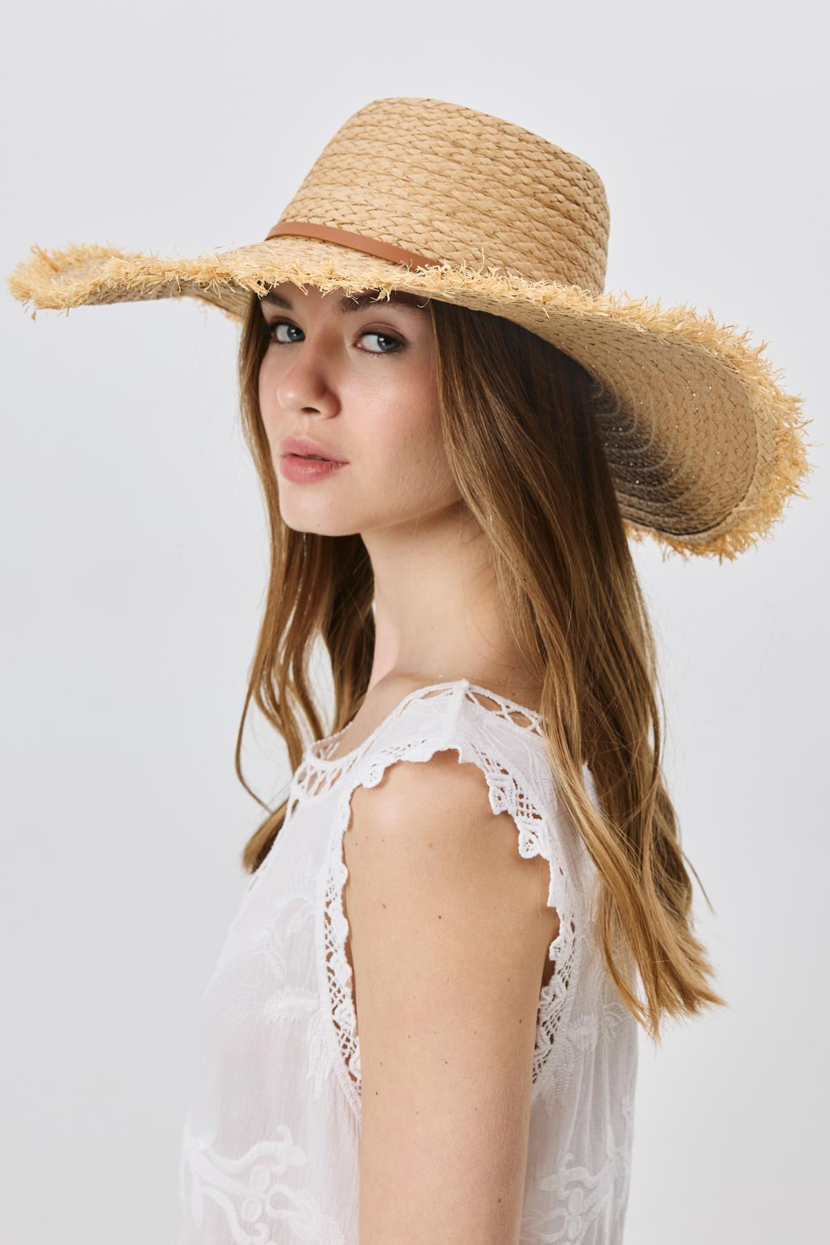 Saçaklı Kenarlı Hasır Şapka Y8212 Vizon