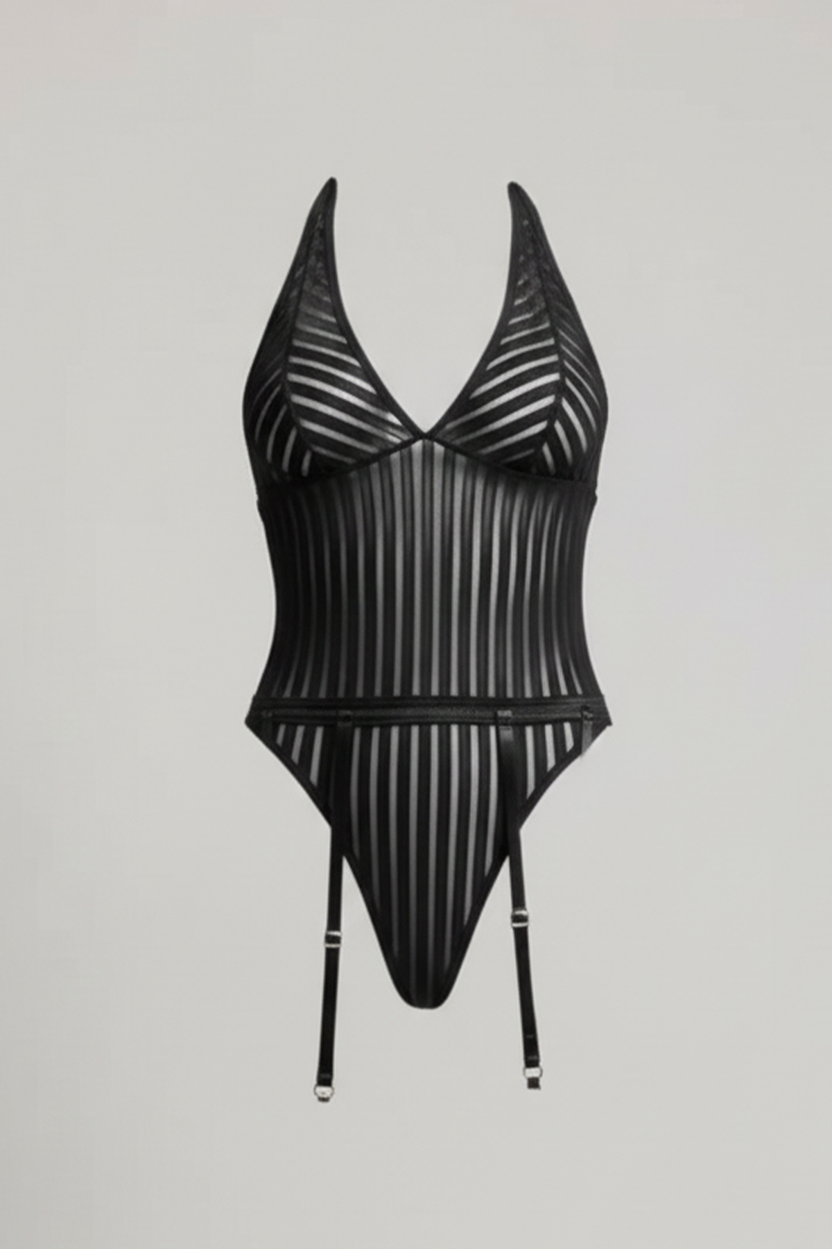 Siyah Çizgi Desenli Jartiyerli Bodysuit Siyah