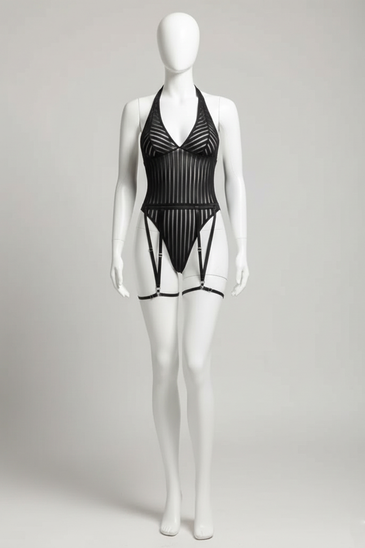 Siyah Çizgi Desenli Jartiyerli Bodysuit Siyah