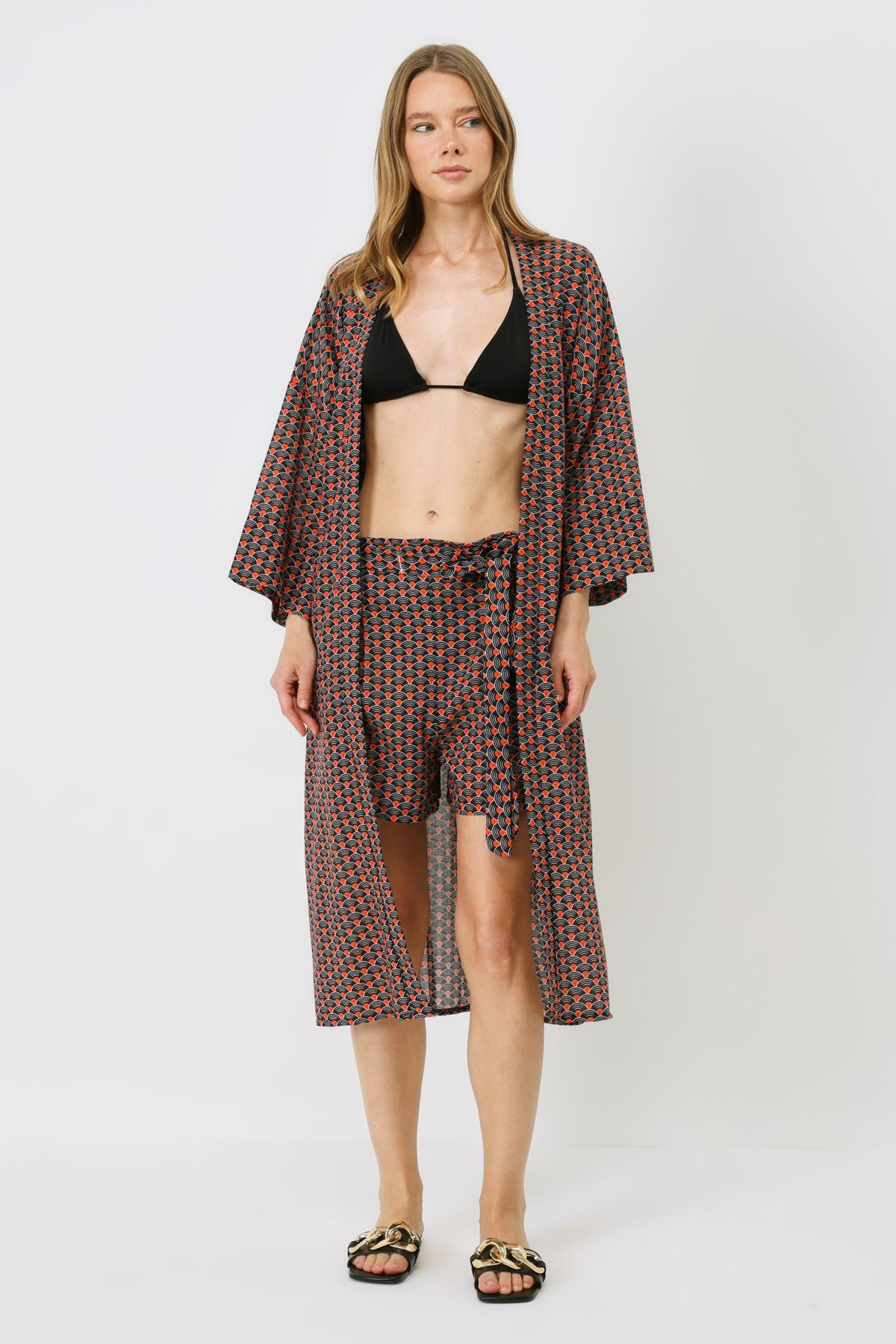 Şortlu Kimono Takım 9069 Siyah/Kremit