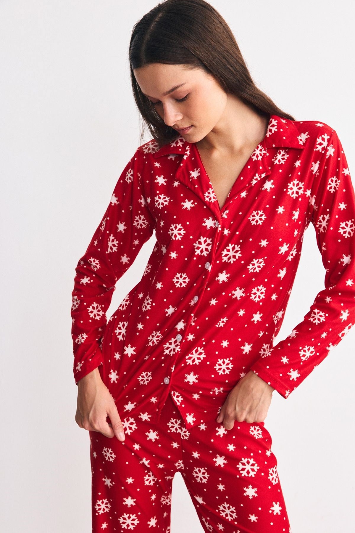 Süet Dokulu Gömlek Yaka Pijama Takımı Kar Tanesi