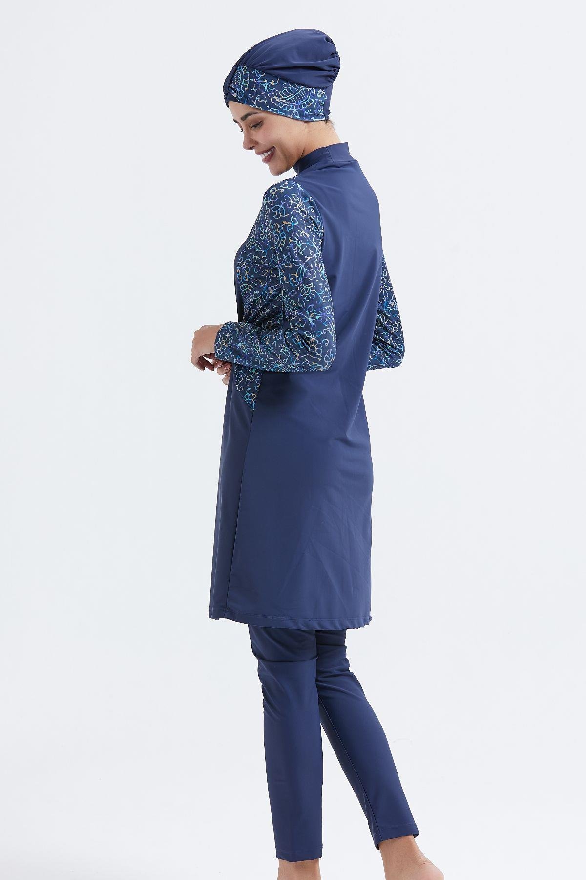 Tam Kapalı 4 lü Büzgülü Tesettür Mayo C14032 Lacivert