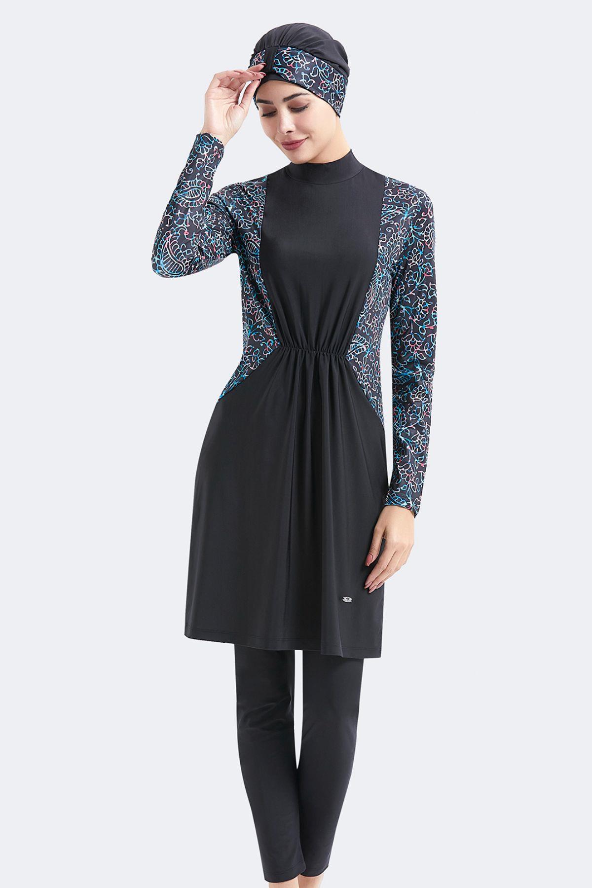 Tam Kapalı 4 lü Büzgülü Tesettür Mayo C14032 Siyah