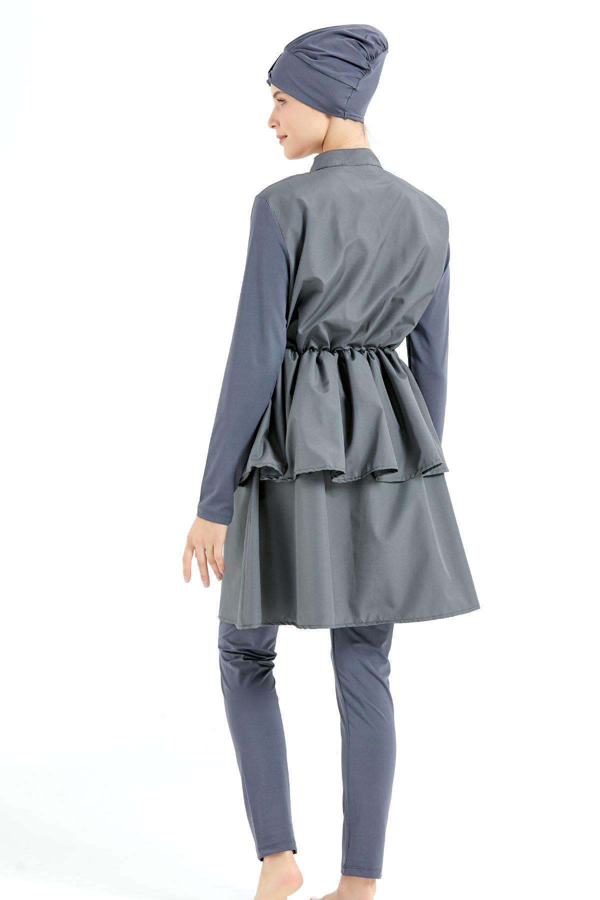 Tam Kapalı 4 lü Pileli Tesettür Mayo C14122 Füme