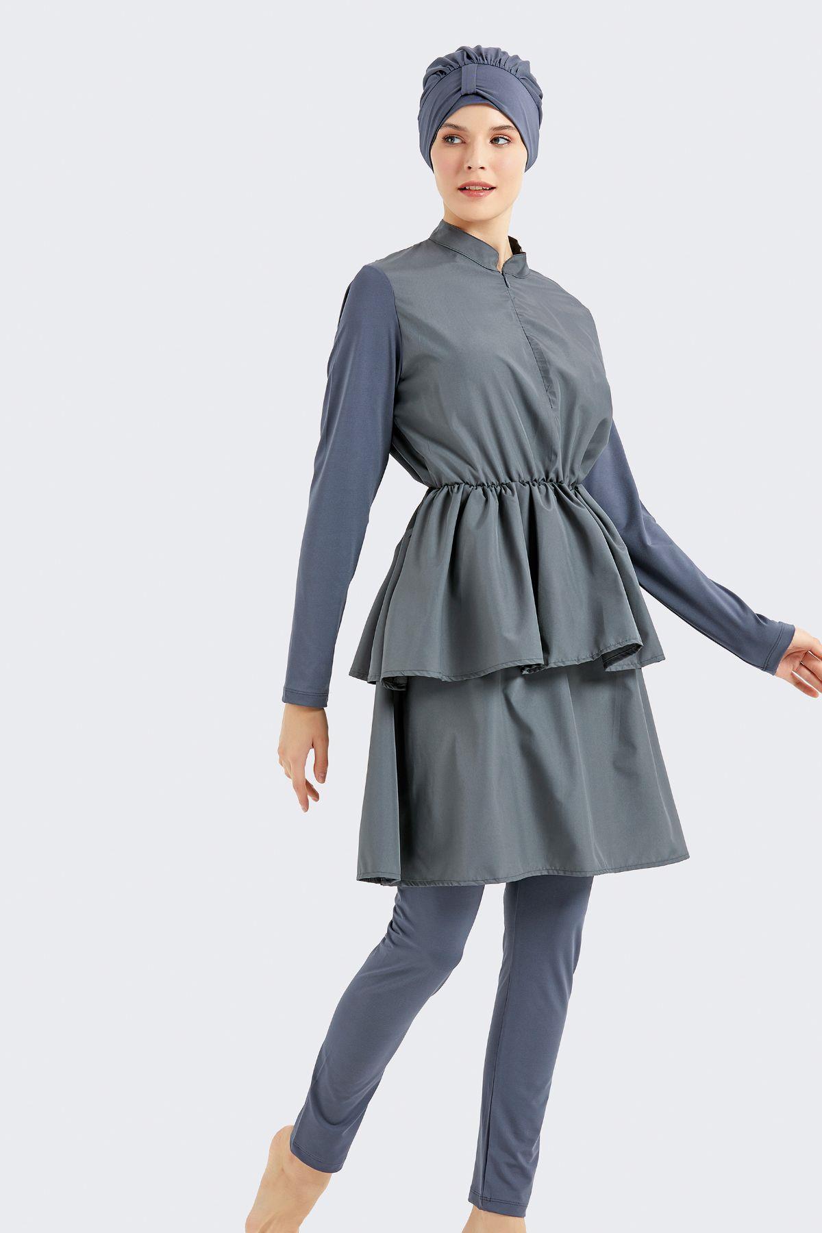 Tam Kapalı 4 lü Pileli Tesettür Mayo C14122 Füme