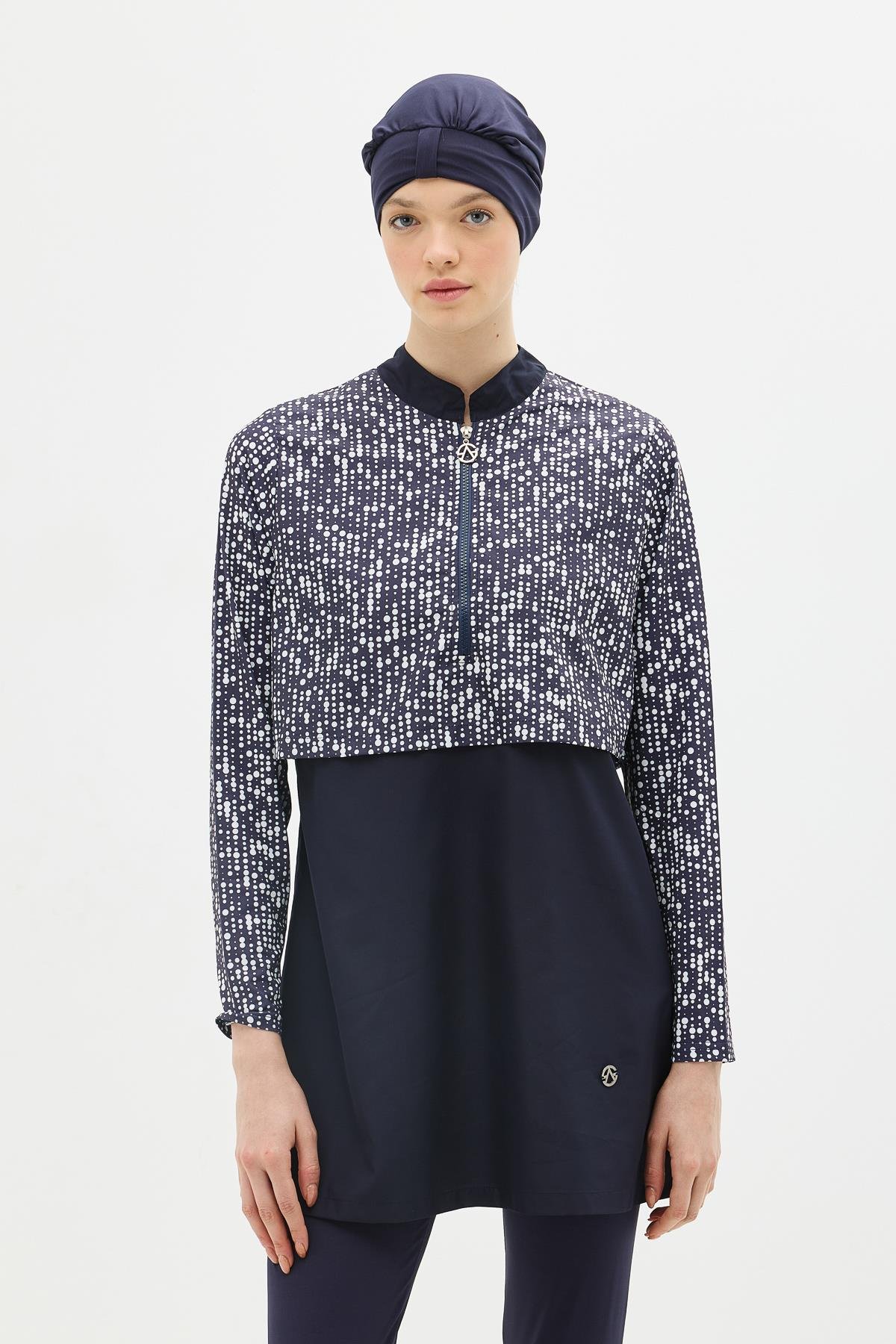 Tam Kapalı 4 lü Tesettür Mayo 4111 Lacivert/Beyaz