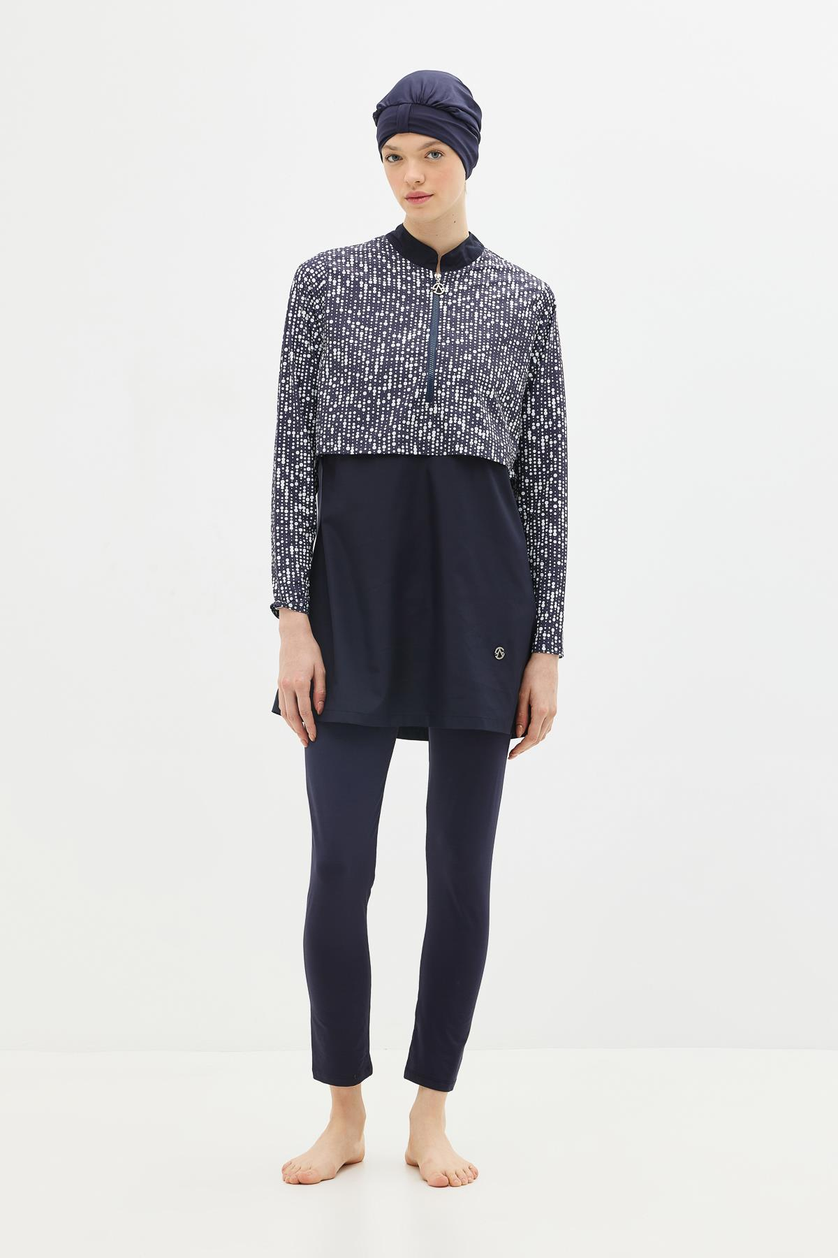 Tam Kapalı 4 lü Tesettür Mayo 4111 Lacivert/Beyaz